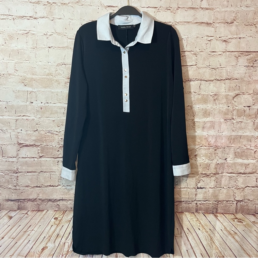 Ivanka Trump black white long sleeve collared dress size medium